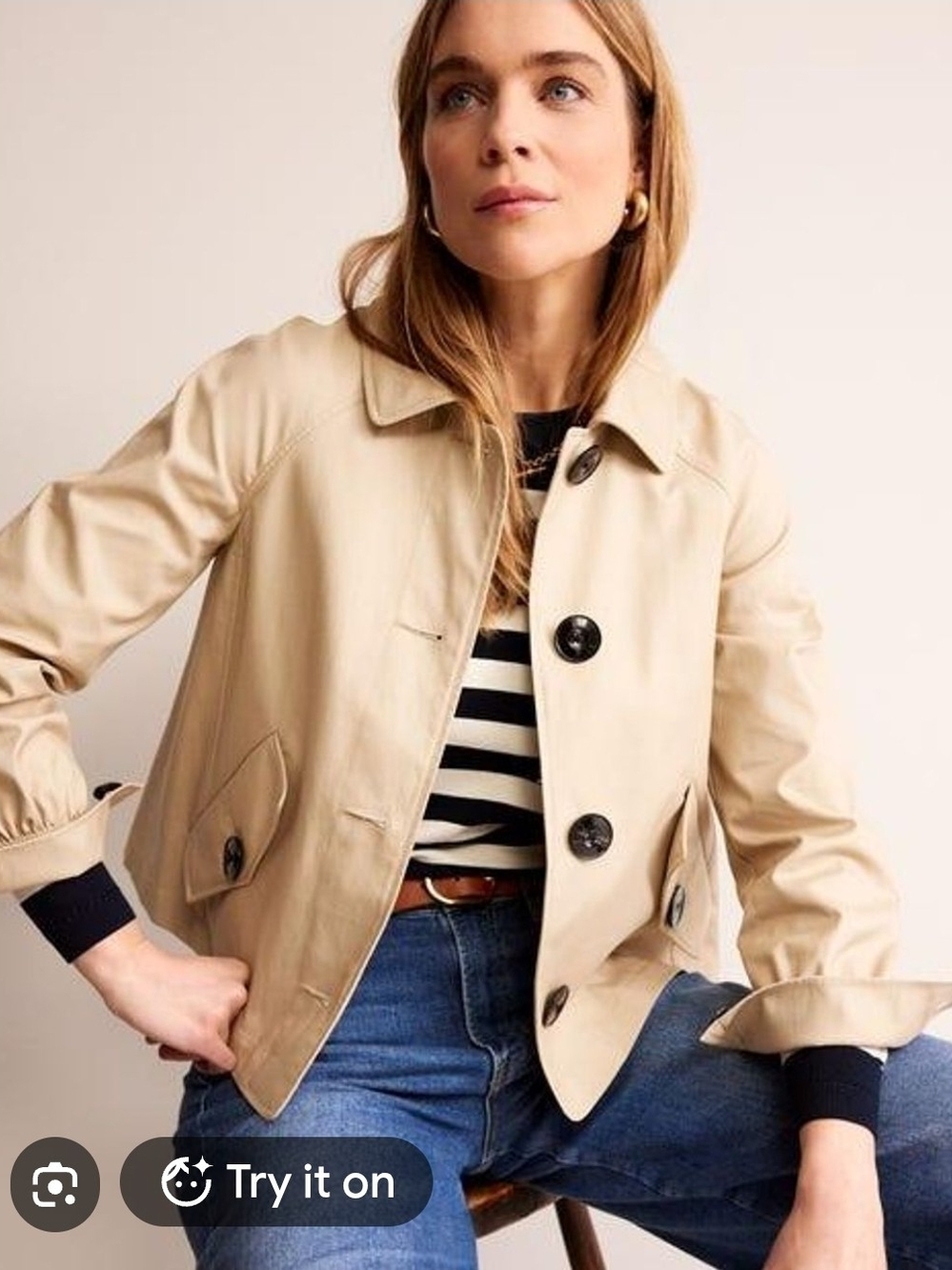 Boden Cream Button-Front Trench Jacket - Size 14